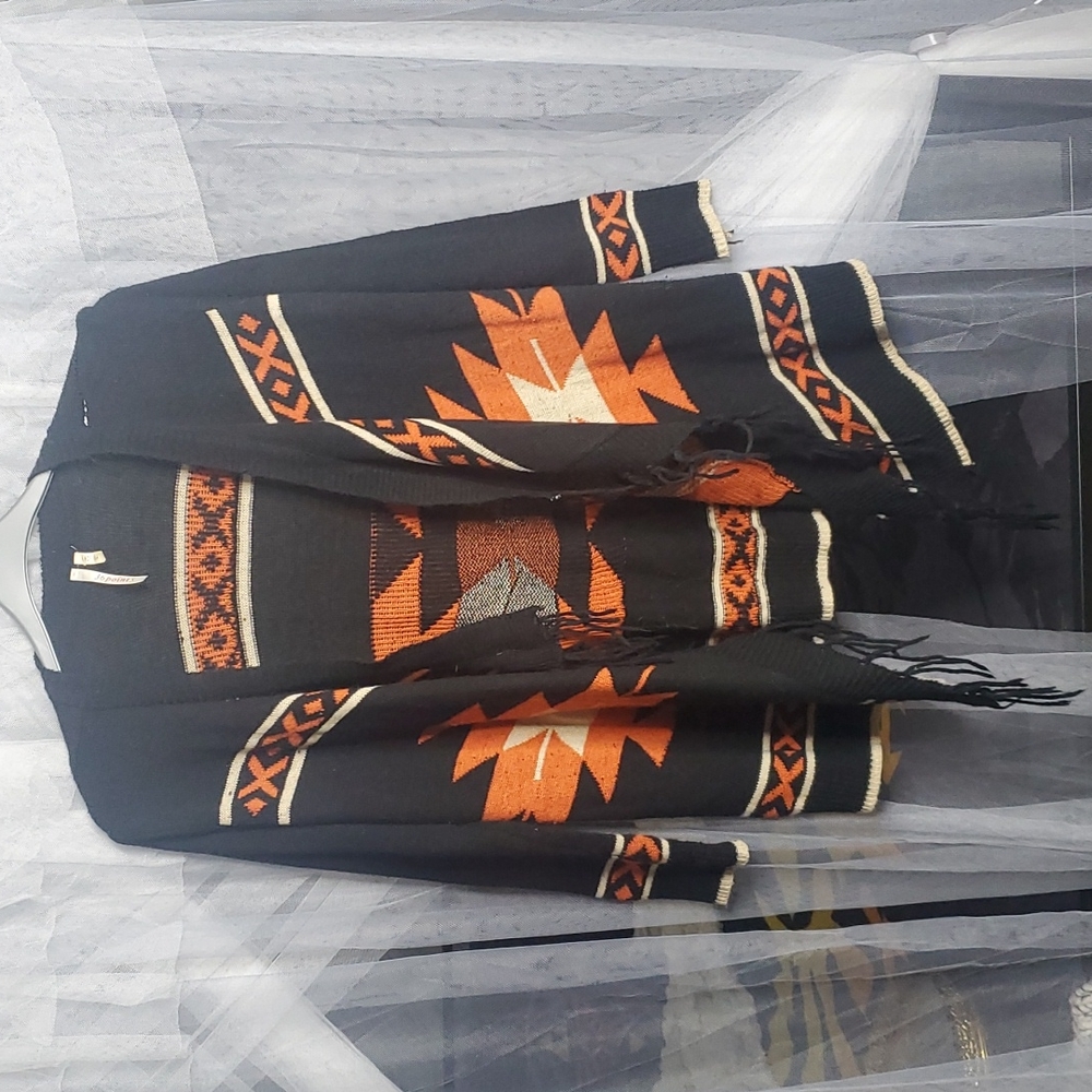 Tribal Fringe Open-front Knit Poncho Cardigan SM Black&Orange